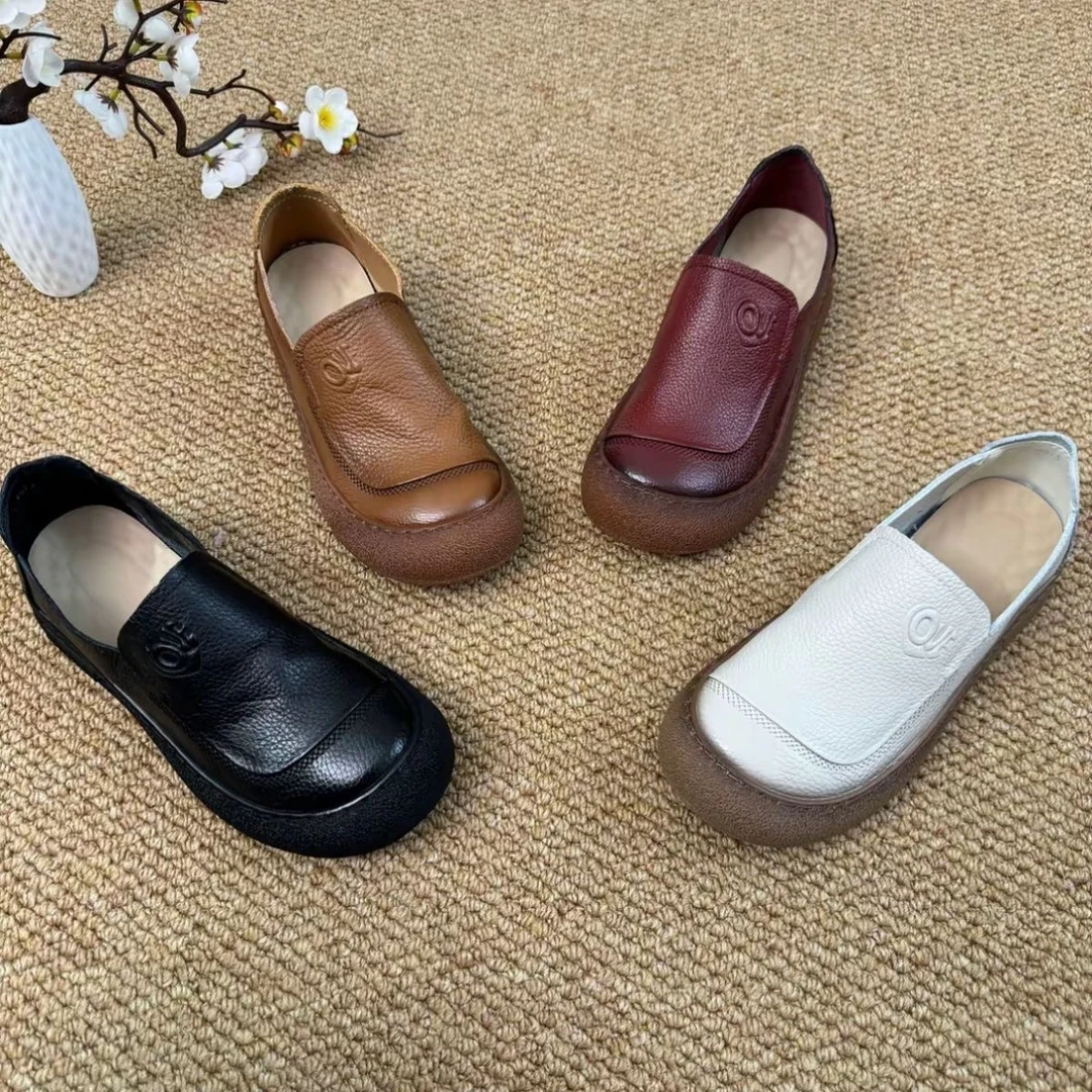 复古舒适软底手工民族风真皮女鞋中老年妈妈单鞋厚底休闲一脚蹬