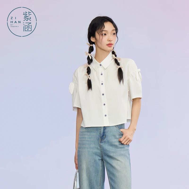 紫涵蝴蝶结短袖衬衫夏季新款甜美单排纽扣纯色短款衬衣Z4Z04BS320