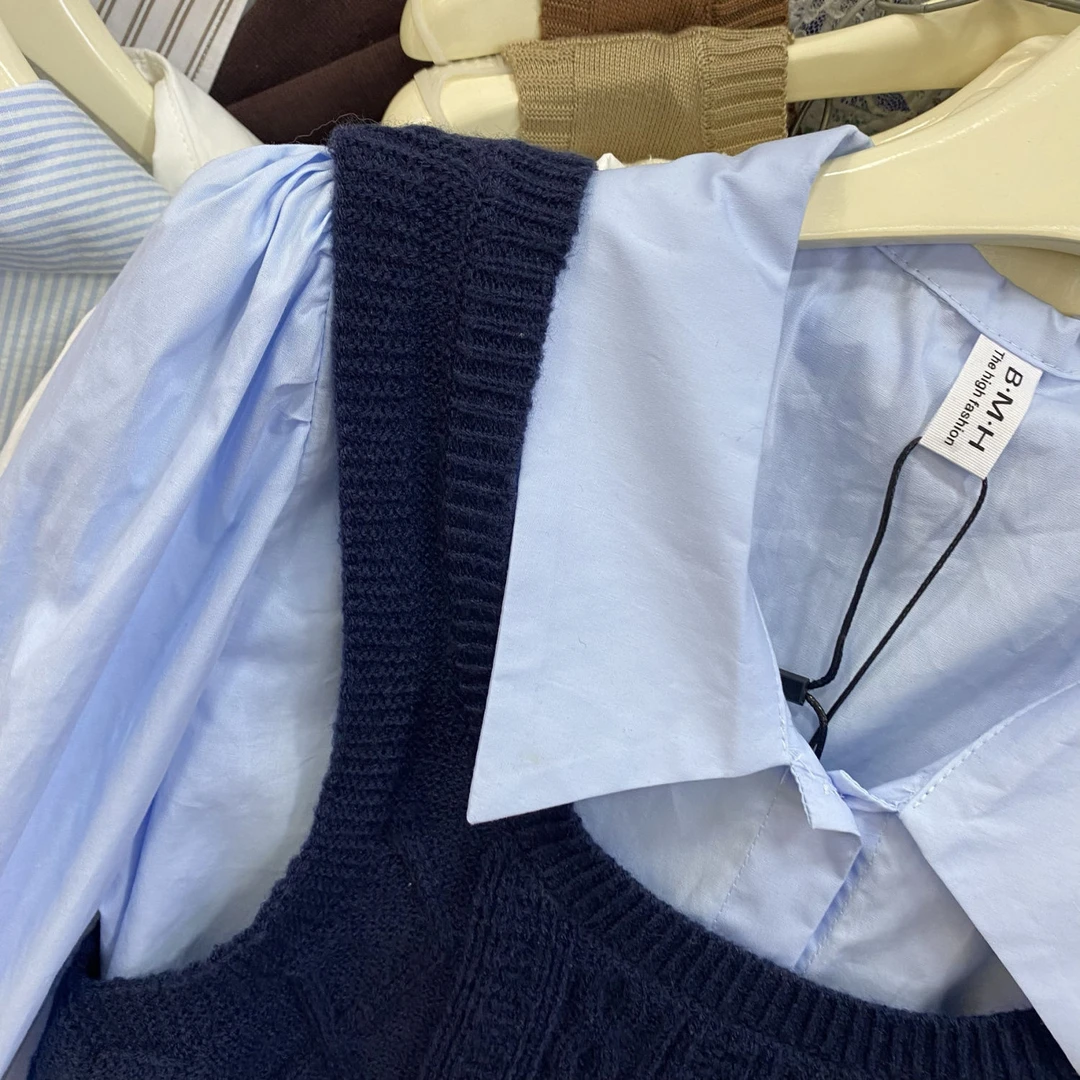 哥弟阿玛施正品竖条纹韩版气质长袖衬衫女秋季新款针织背心马甲套