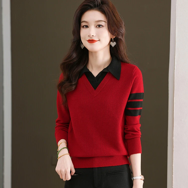 假两件针织衫女秋冬新款内搭羊毛打底衫洋气妈妈短款翻领条纹毛衣