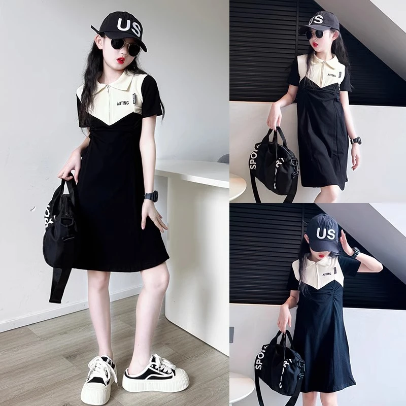 女童夏季polo领连衣裙2025新款6-12岁女孩夏天拼色A字裙儿童夏装