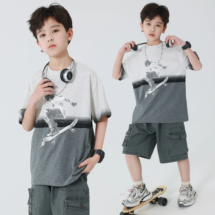 男童夏季休闲薄款套头印花男套装宽松童装时尚工装潮流夏装短袖