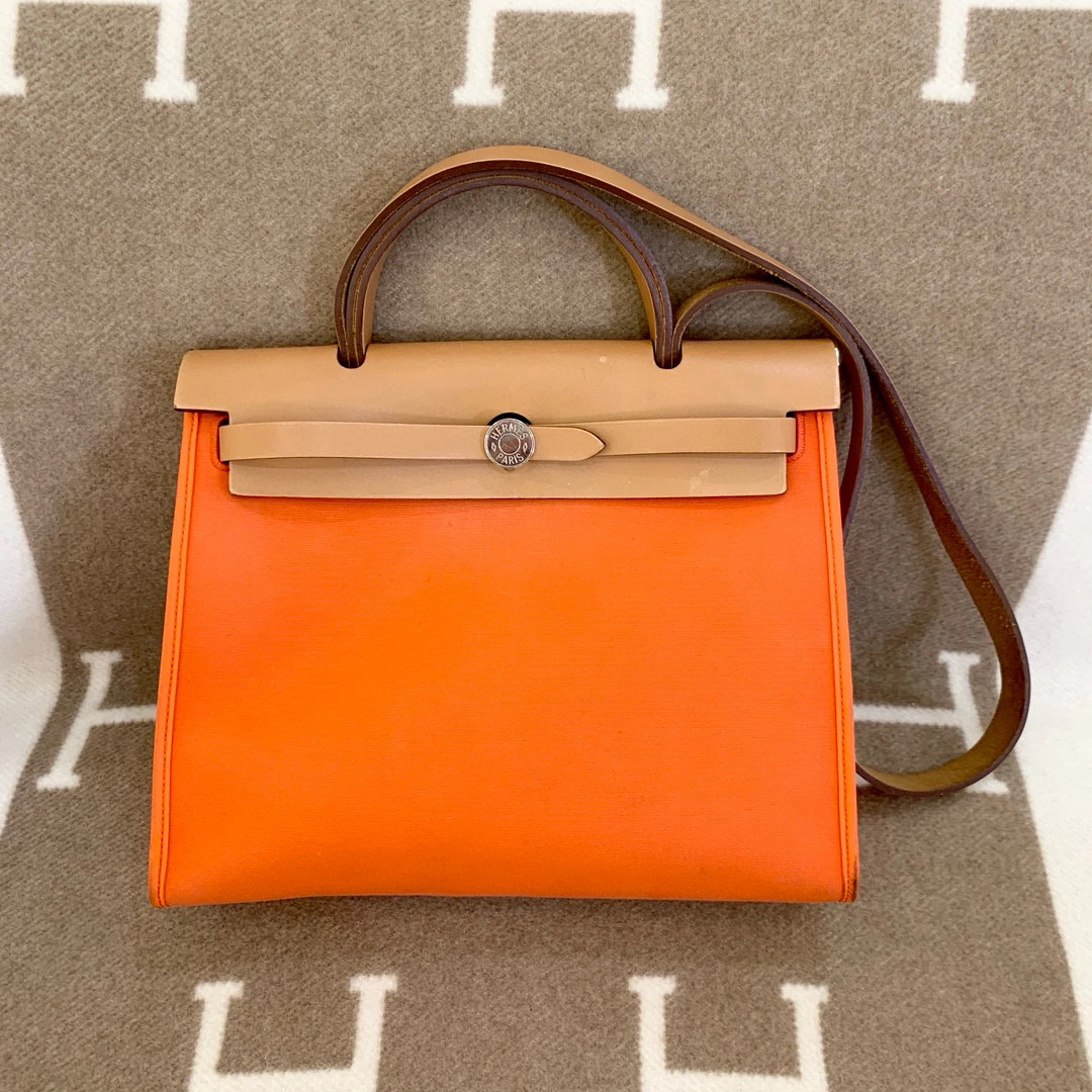 95新 Hermes/爱马仕 herbag 31 X帆布火焰橙银扣0816m0