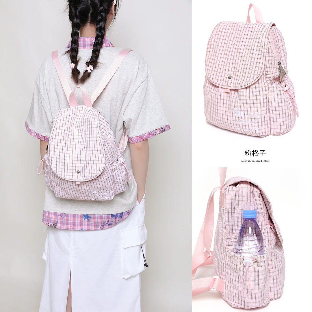 韩版休闲双肩包格子尼龙书包女大学生帆布包ins小众通勤旅行背包