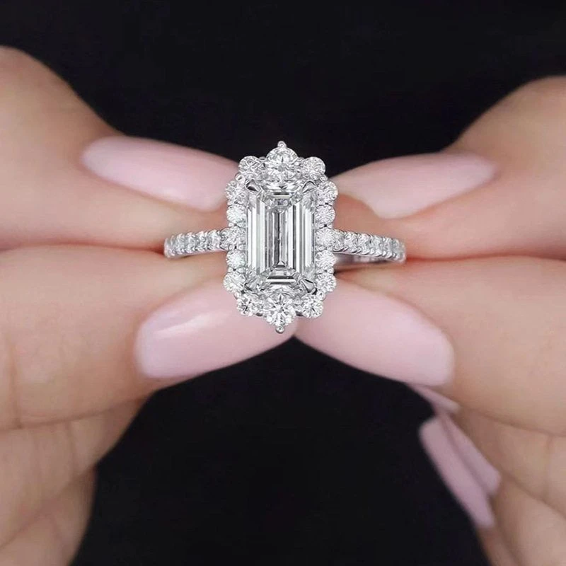 925银合成锆石戒指 珠宝新款S925长方形时尚气质百搭白色轻奢A526