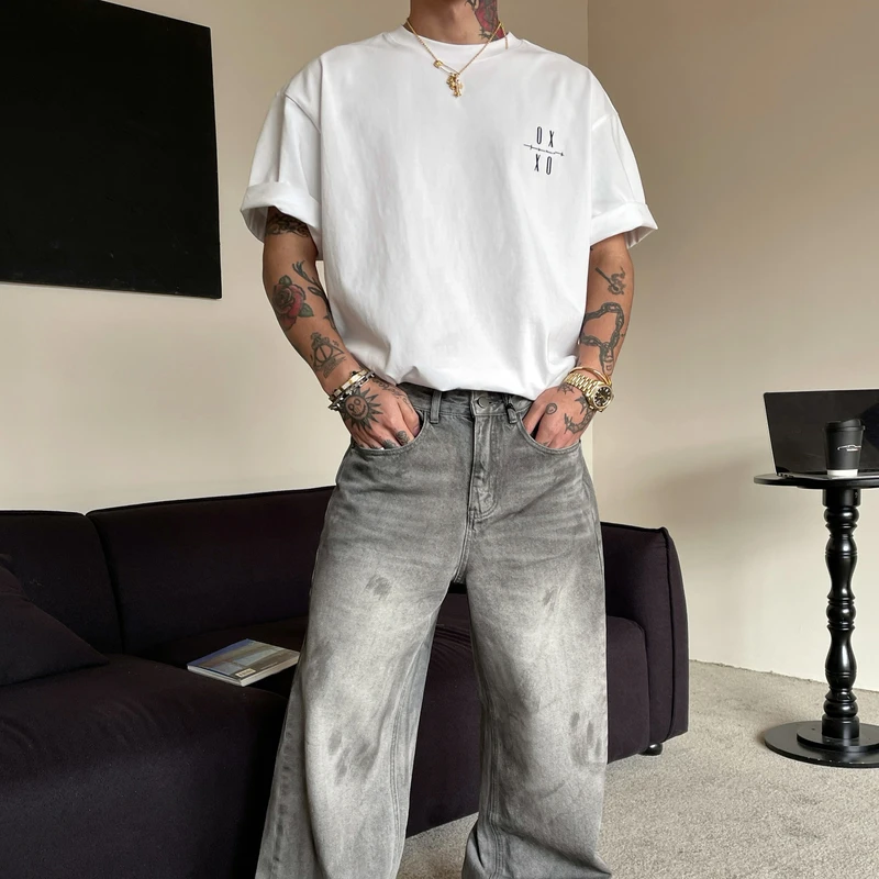 OXFREAK「手工擦色 水洗磨白」美式复古灰色牛仔裤男直筒宽松裤子