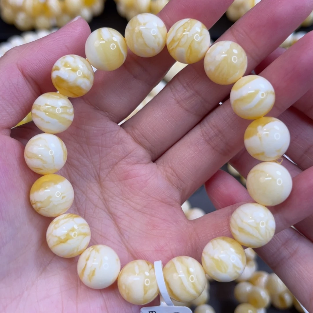 蜜蜡未镶嵌手链12mm橘金底高瓷白虎皮