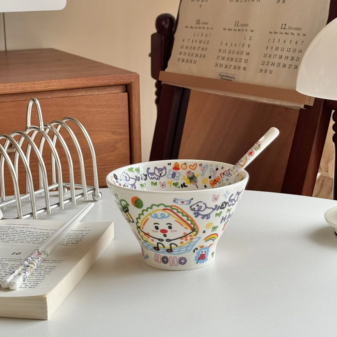 2件套森南涂鸦ins风少女心卡通萌趣陶瓷餐具米饭碗学生宿舍用可爱