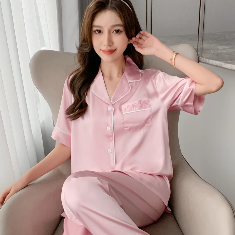 冰雪丝睡衣女士春夏季薄款开衫甜美短袖夏天可外穿宽松家居服套装