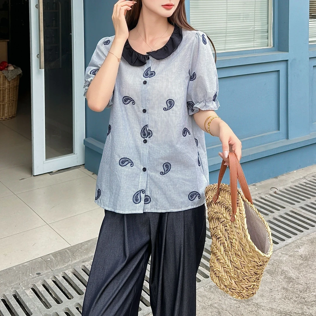 【锦衣服饰】WZ 2557韩系圆领拼色印花短袖衬衫