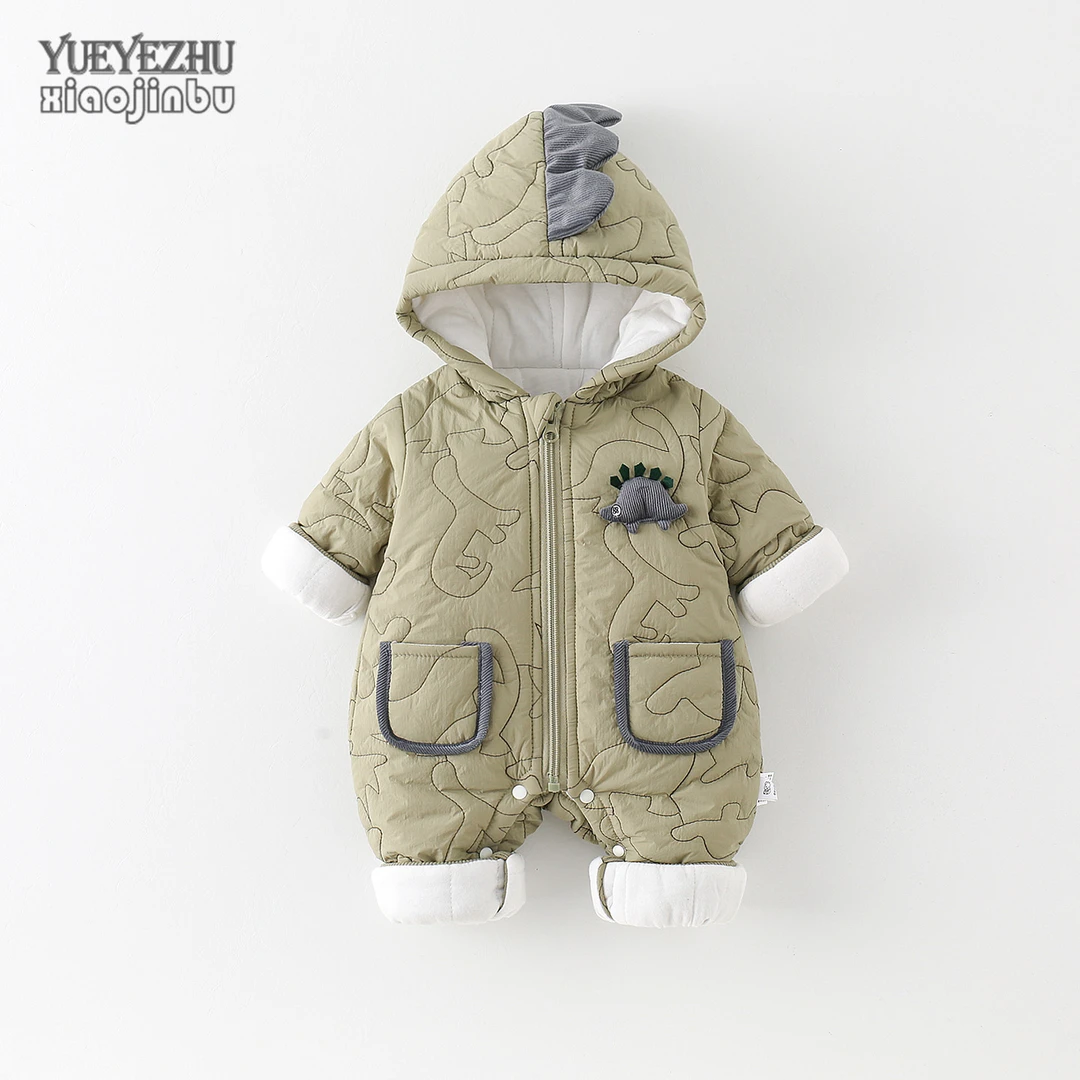 婴儿恐龙连体衣秋冬保暖男宝宝绗棉衣服冬季薄棉连帽外套新生儿潮