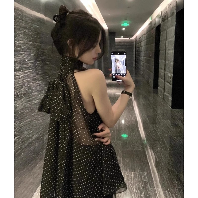 暮色微光系带挂脖无袖波点雪纺衬衫女法式御姐高级感气质宽松上衣