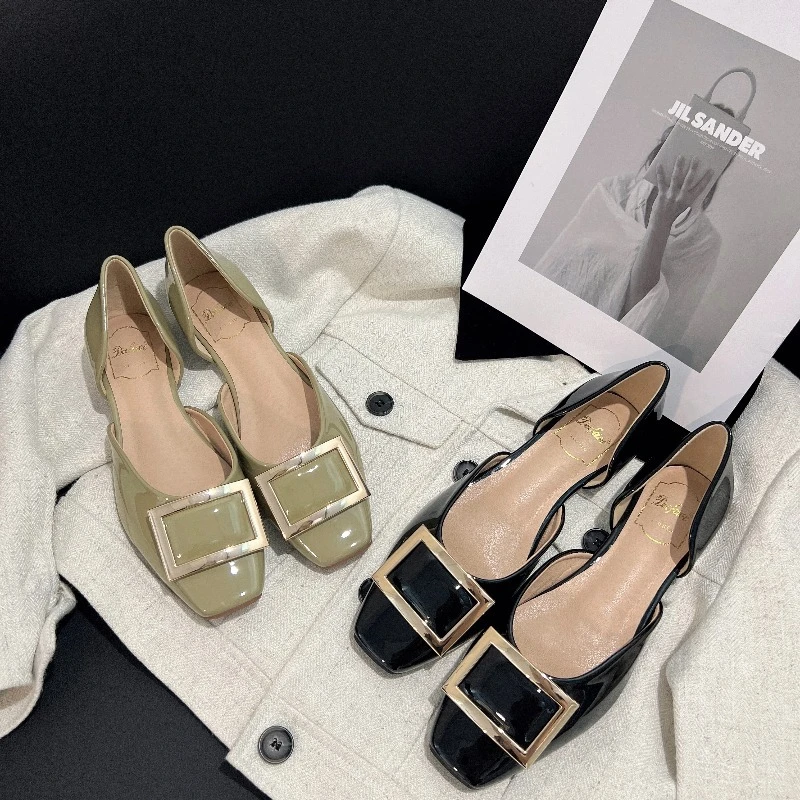 浅口单鞋女2025新款春夏季r方扣法式v气质中空方头奶奶平底单鞋女