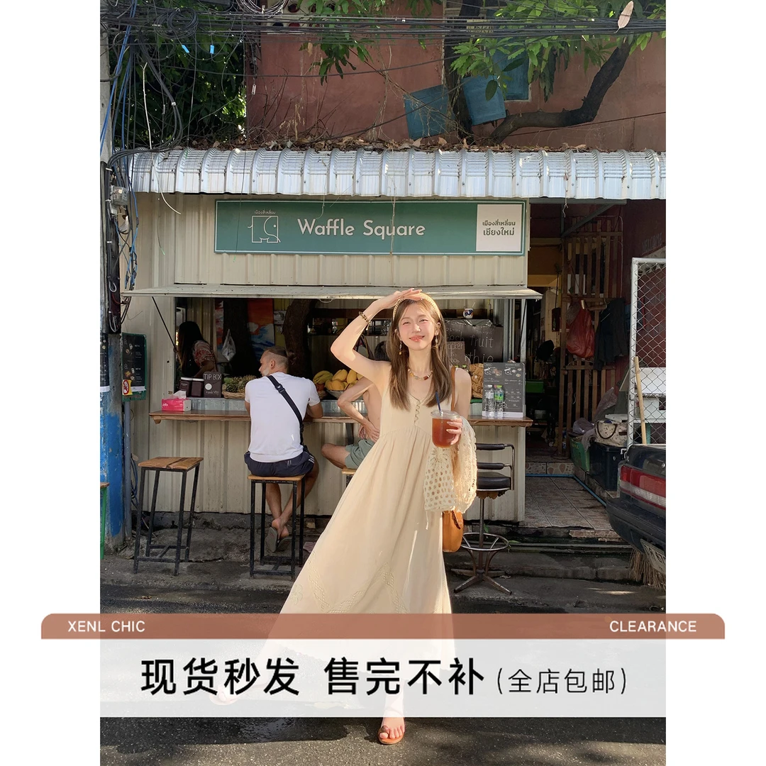 现货陳文文【松月知意】夏季极简百搭吊带长裙女海边度假连衣裙4834