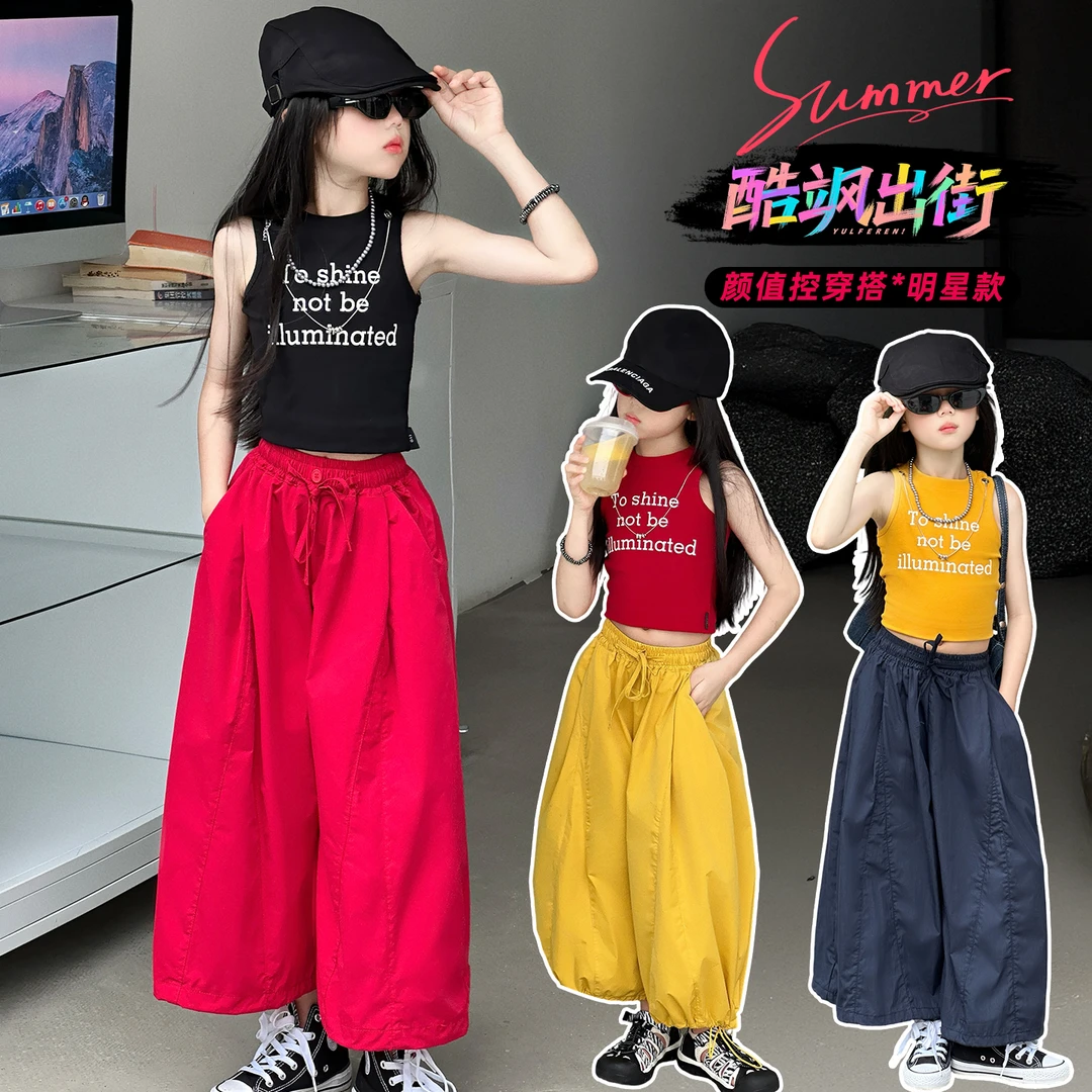 女童裤子夏季薄款2025新款爆款中大儿童潮款束脚裤宽松七分阔腿裤