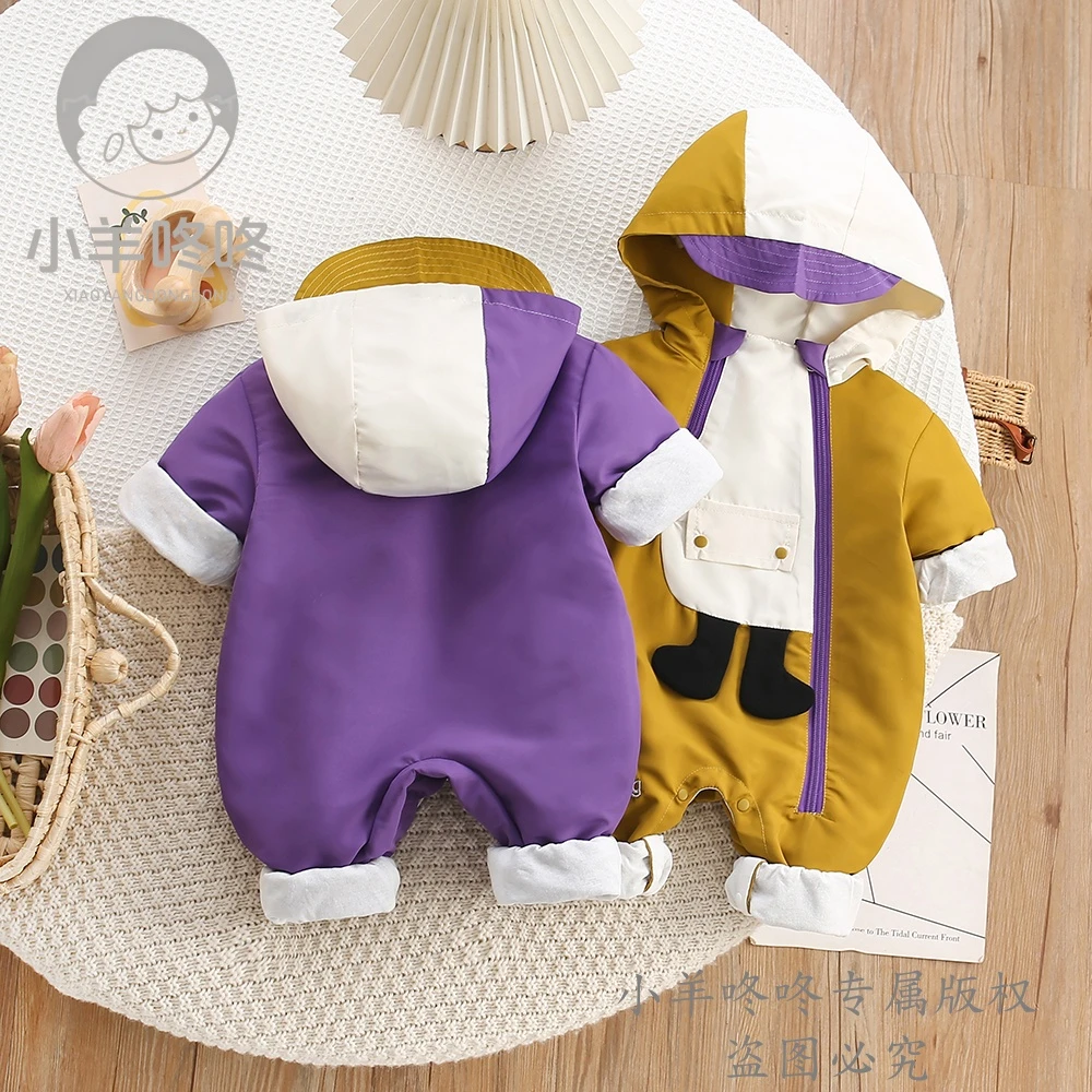 春秋款云端小脚印时尚运动风连帽拼色拉链双层男女宝连体哈衣爬服