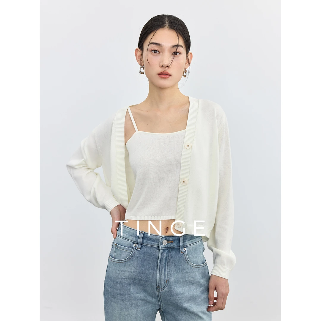 纯色大V领时髦针织开衫女开春穿搭叠穿同色吊带打底上衣针织衫