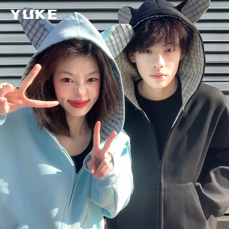 美式高街oversize带耳朵卫衣外套女男款春秋设计感小众情侣装上衣