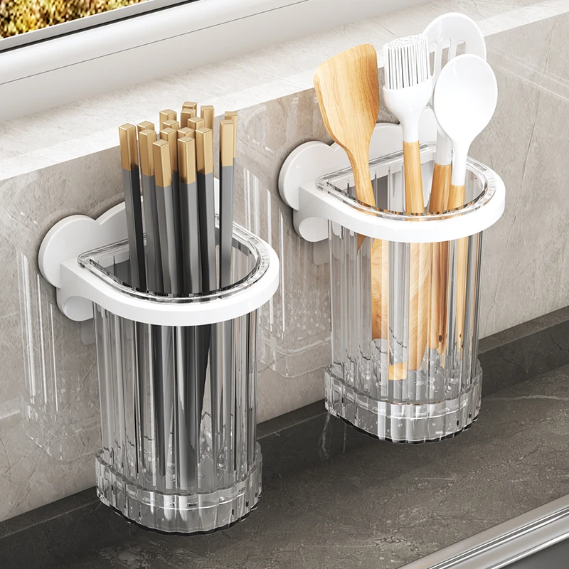 筷子收纳盒筷子筒壁挂式家用免打孔厨房沥水透明置物架放刀叉勺子
