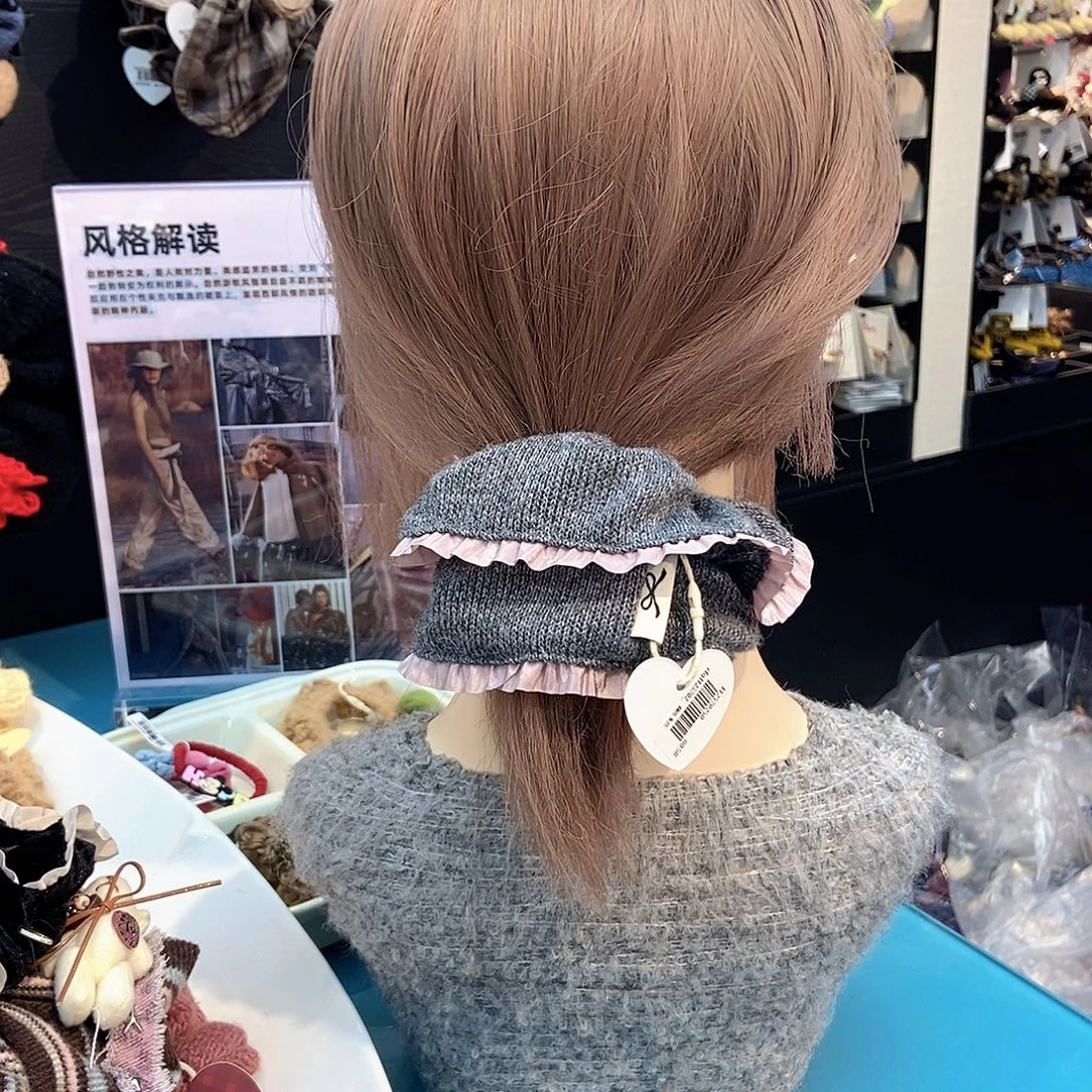 布艺铁合金灰色粉边毛线发圈好看百搭