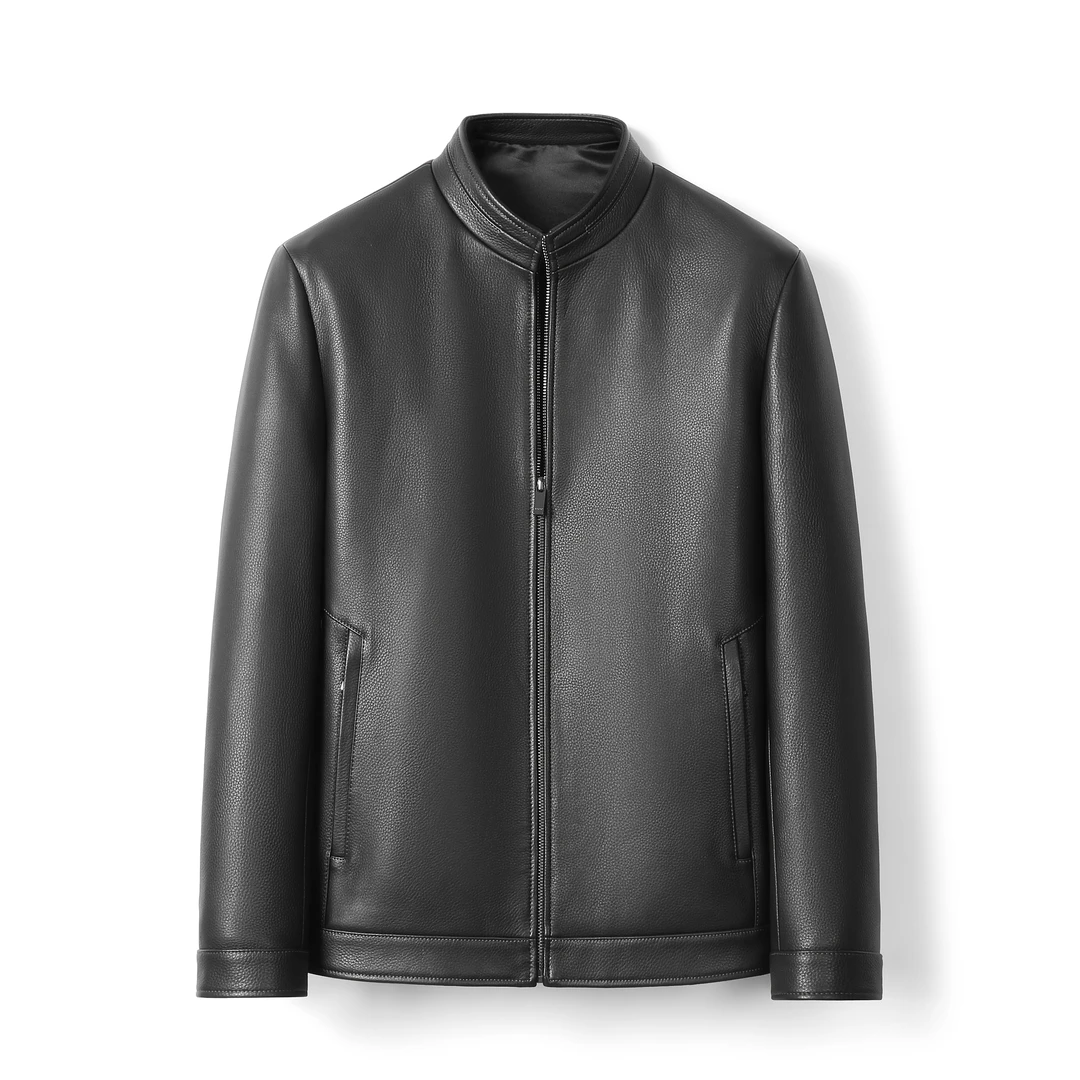 汉朗君顿海宁新款真皮头层山羊皮立领商务休闲短款男装夹克黑色