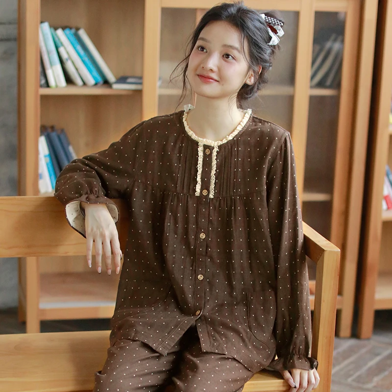 春秋纯棉女士睡衣双层棉纱印染花卉宽松长袖长裤家居服套装