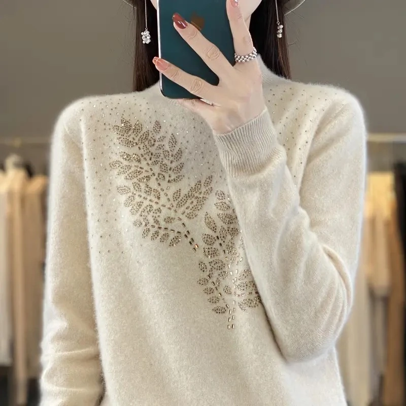 【100%好毛衫】纯色半高领烫钻新中式女款加厚打底衫女士