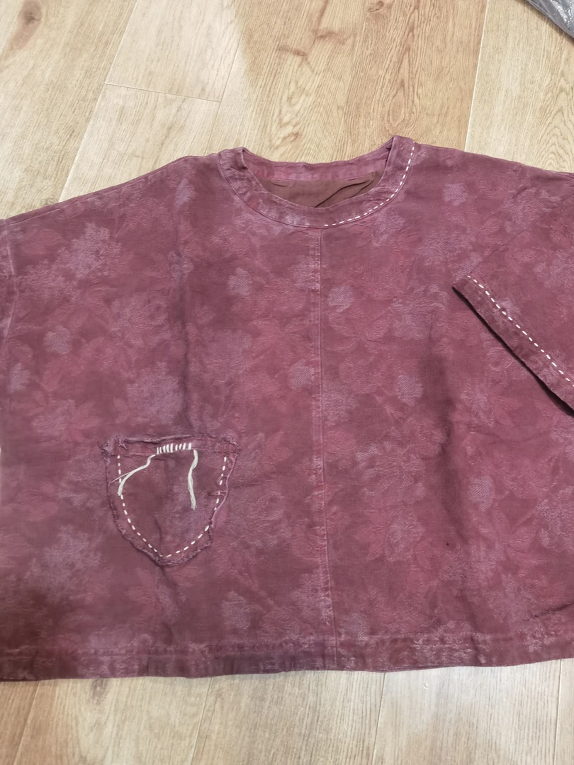 麻苏苏原创  早春文艺复古个性炒色做旧提花麻双层手工套头衫