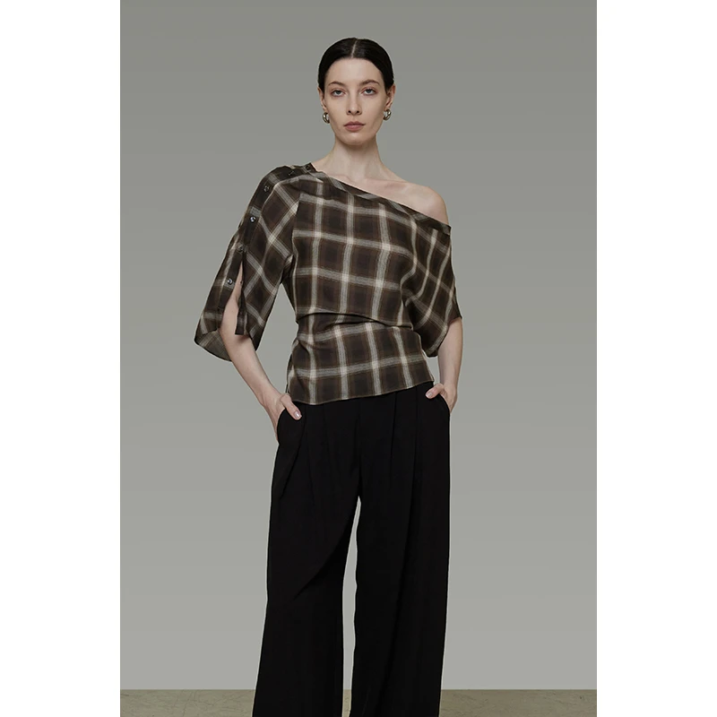 UNSPOKEN【不对称袖形 立体造型感】设计感格子斜肩衬衫UX25S092