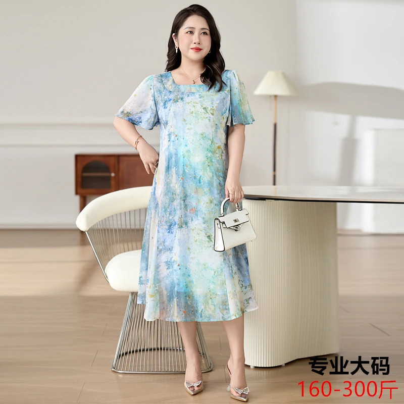 2025大码女装夏装泼墨晕染荡方领雪纺短袖长裙女坠感连衣裙