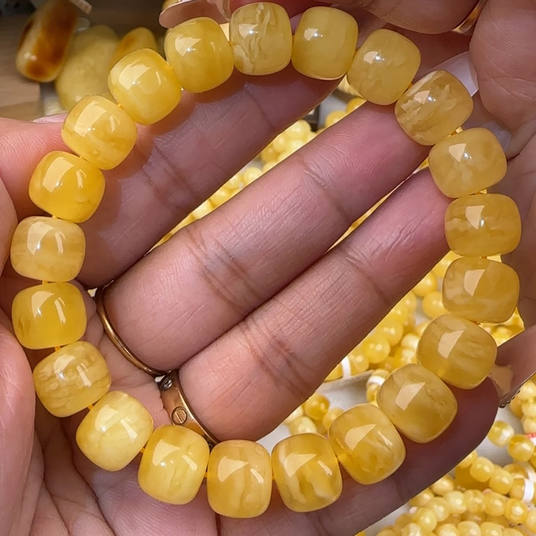 蜜蜡未镶嵌手链鸡油黄虎皮妖花老型手串