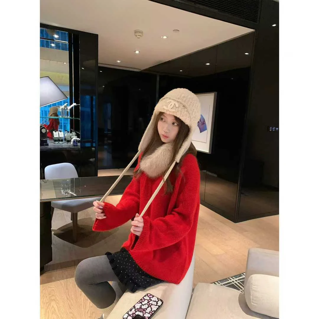 韩系氛围感色系圆领长袖宽松毛衣女秋冬慵懒软糯可拆卸毛领针织衫