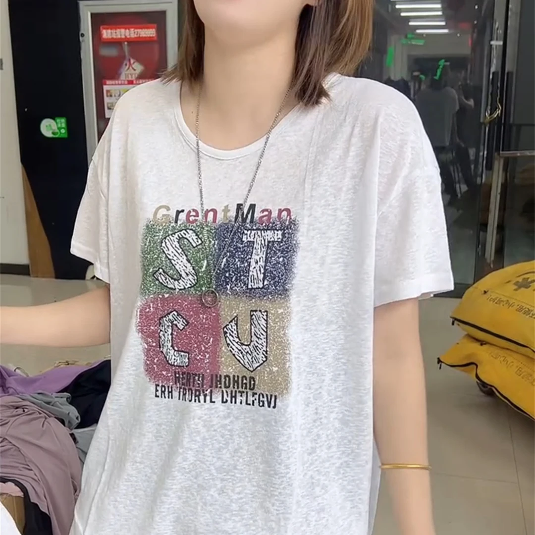 夏季新款时尚休闲百搭字母印花圆领上衣短袖大码女士宽松T恤小衫