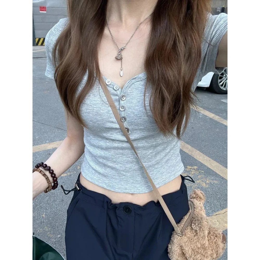 美式辣妹灰色正肩领短袖恤女夏季新款修身显瘦短款露脐上衣