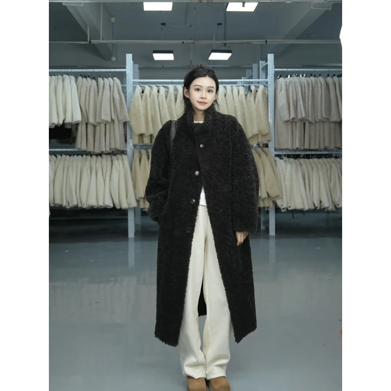 韩系慵懒风100绵羊毛长款百搭休闲保暖羊剪绒外套女2024冬新款