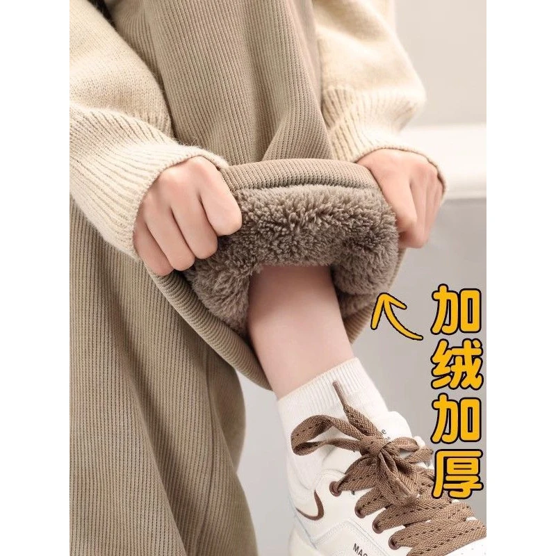 东北巨厚羊羔绒阔腿裤女冬款加绒保暖直筒裤大码80-300斤零下可穿