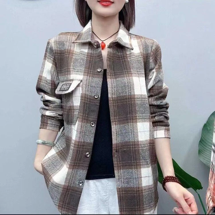 加厚新款格子衬衫女宽松大码遮肚经典长袖休闲外套百搭外套