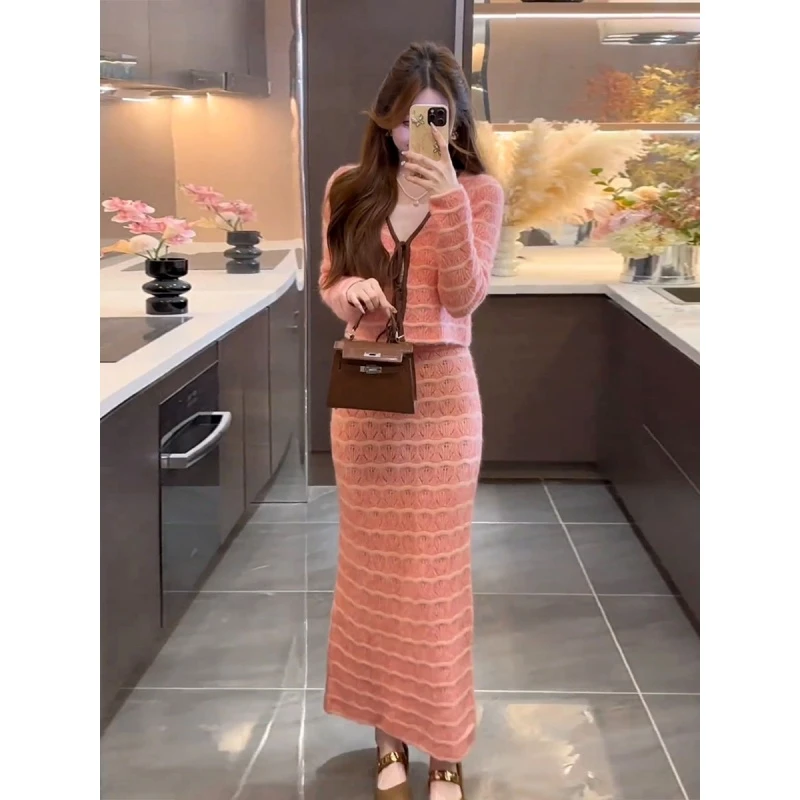 法式小香风甜美气质粉色针织套装女2025秋季新款短款上衣+半身裙