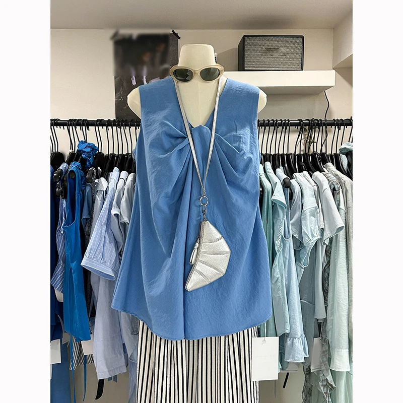五一旅游出街衣服2025夏季法式风V领扭结褶皱无袖宽松背心上衣女