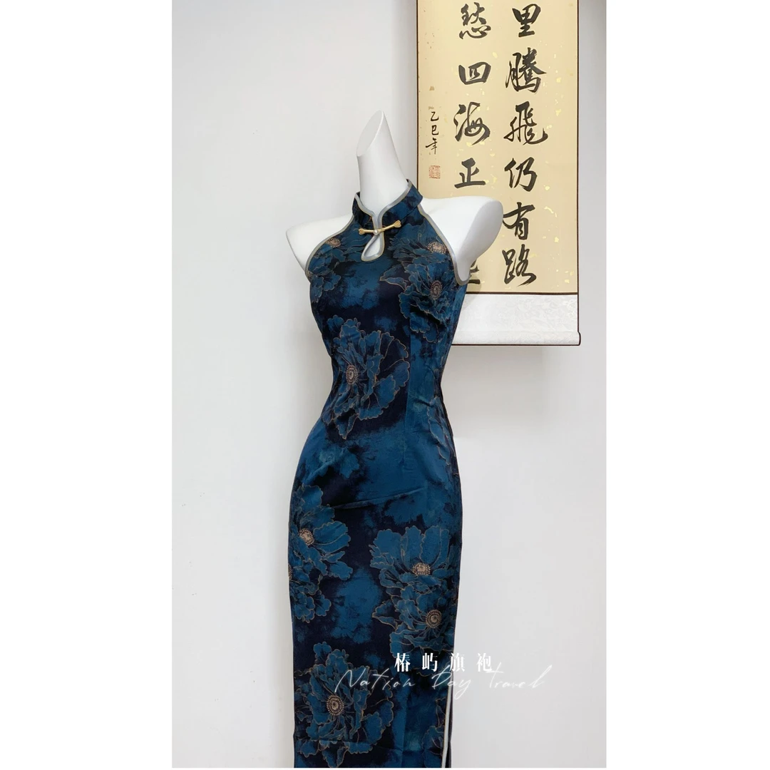 【青岚】椿屿旗袍女2025春夏新款新中式蓝色修身连衣裙中长款显白