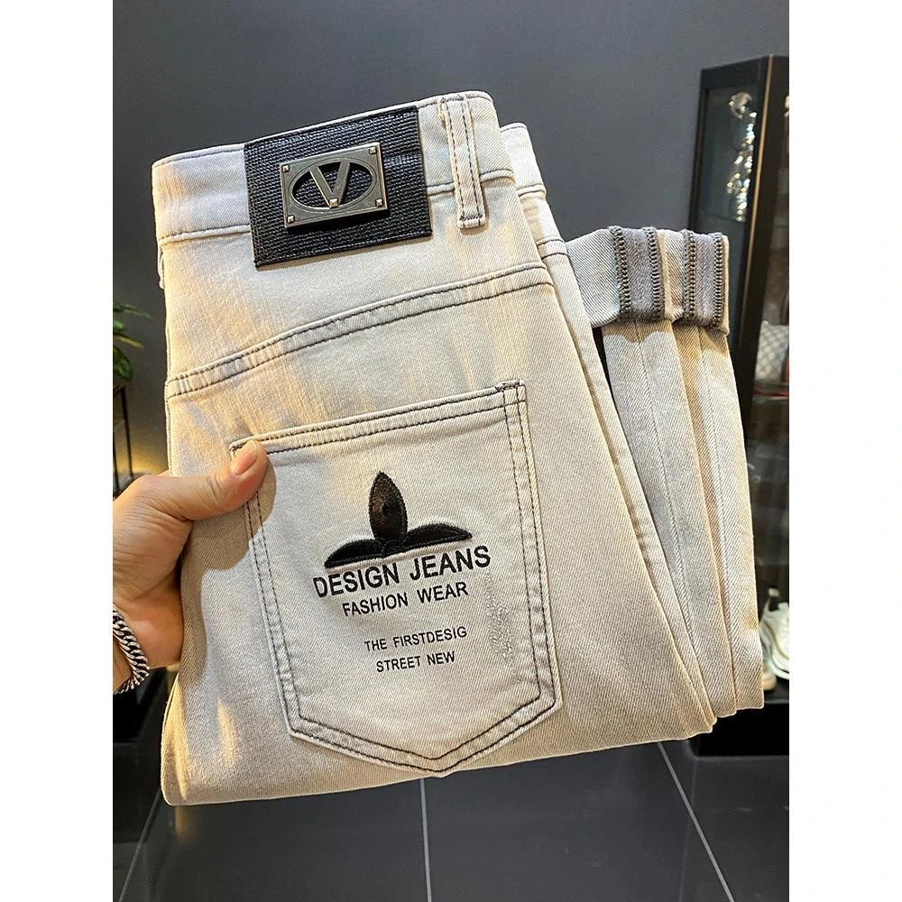 【名牌裤行】美式高端男士牛仔裤春秋新款潮牌拼皮绣花百搭休闲裤子