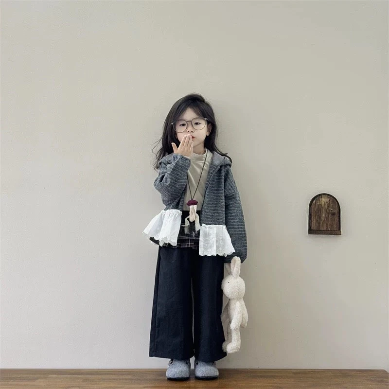 儿童洋气条纹拼接花边外套装2025新款韩版女童秋季休闲长袖连帽衫