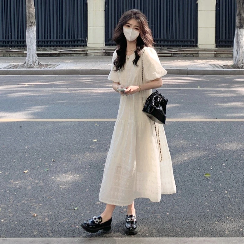 泡泡袖蕾丝刺绣白色连衣裙女钩花镂空丁达尔裙子夏季巴基斯坦长裙