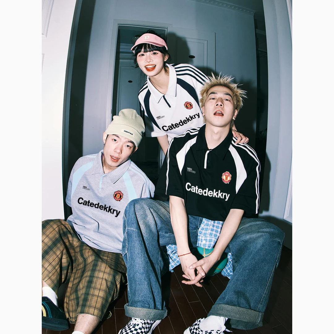 labzaa嘻哈美式学院风字母印花polo衫男复古撞色宽松条纹翻领短袖