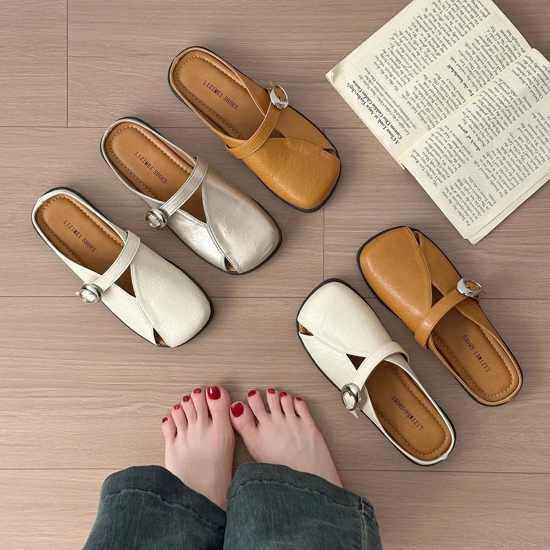 2025年夏季新款法式包头半拖鞋女外穿百搭平底时尚一脚蹬懒人凉鞋