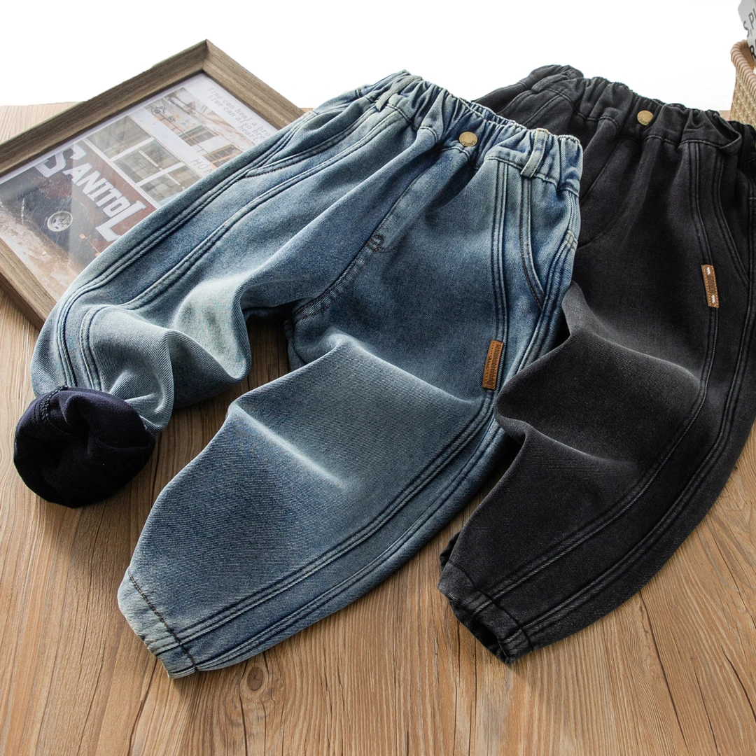 2025冬季休闲加绒牛仔裤潮酷百搭长裤JK牛仔棉裤男女童中大童