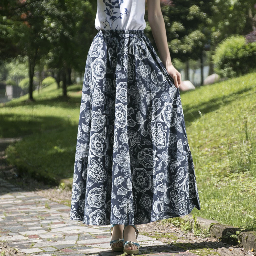 现货2025春夏新品波西米亚复古碎花大摆裙松紧腰围棉麻半身裙时尚