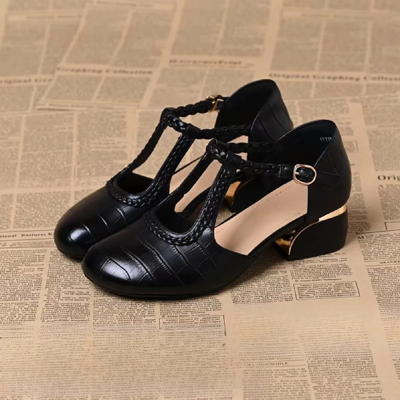 法式编织夏季黑色方根高跟鞋鞋子包头尖头薄款时尚皮鞋