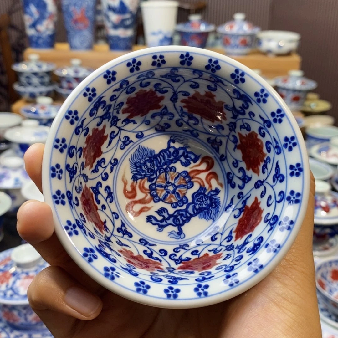 满绘釉里红压手杯原矿手绘