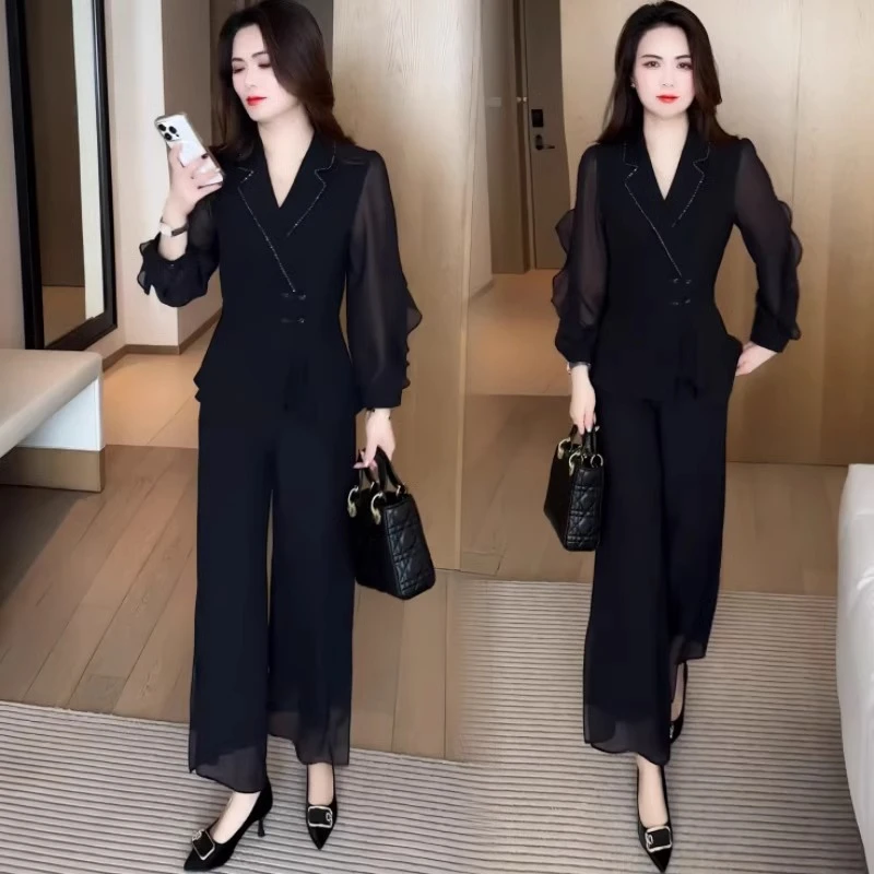 高级感时尚职业套装女士2025春夏新款贵夫人洋气减龄阔腿裤两件套